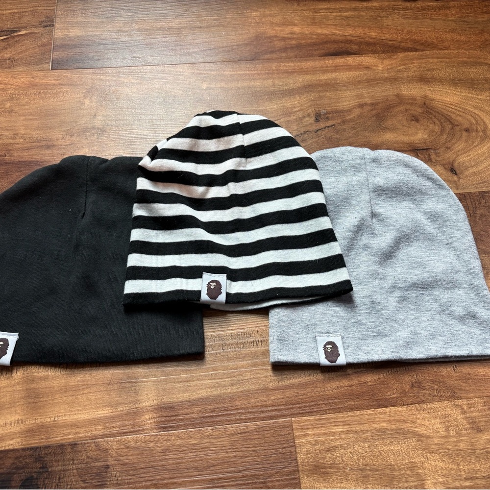 Triple Beanie Set — Black, Gray & Black/White Stripe